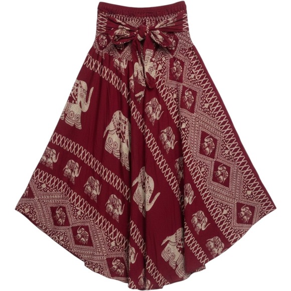 Bangkok Pants Dresses & Skirts - Bangkok Pants Elephant Print Skirt Women One Size Burgundy Smocked Waist Boho